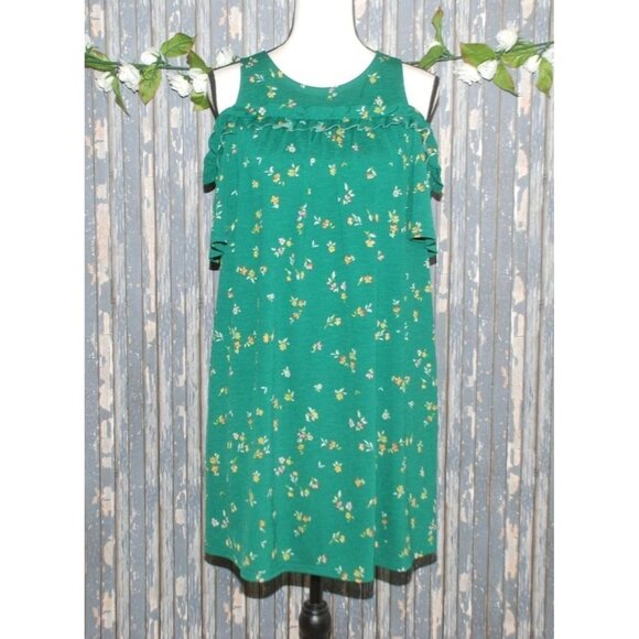 Lauren Conrad Green Floral Dress Size S Cold Shoulder Short Sleeve Lined Pull On - Picture 1 of 11